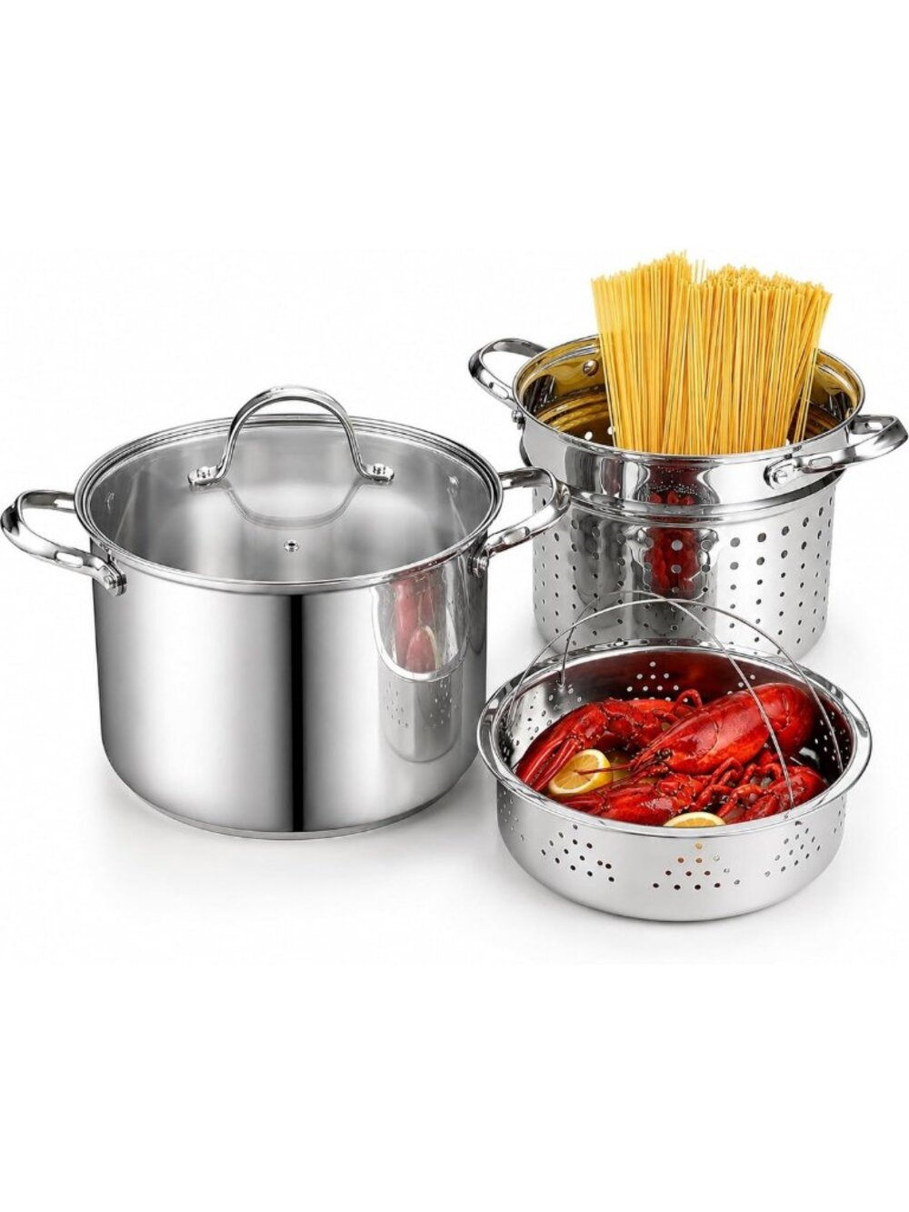 8 Quart Stainless Steel Pasta Pot Set - 4-Piece Stock Pot with Strainer